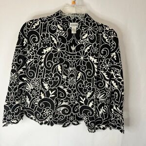 Chicos Black Linen Blend Embroidered Floral Cutout Jacket Women Size 0 Blazer